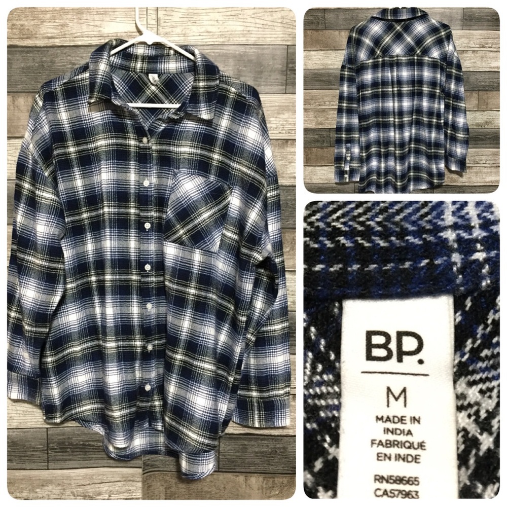 BP Oversized Flannel Shirt Women’s M Blue Black Plaid Button Up Cotton Rayon